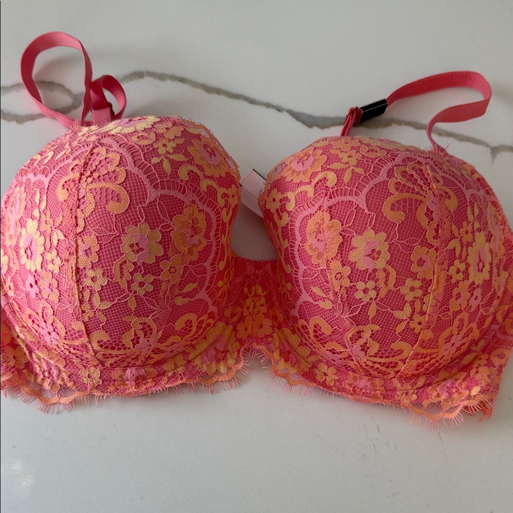 Victoria Secret Floral Lace Push-Up Bra - Pink and Yellow